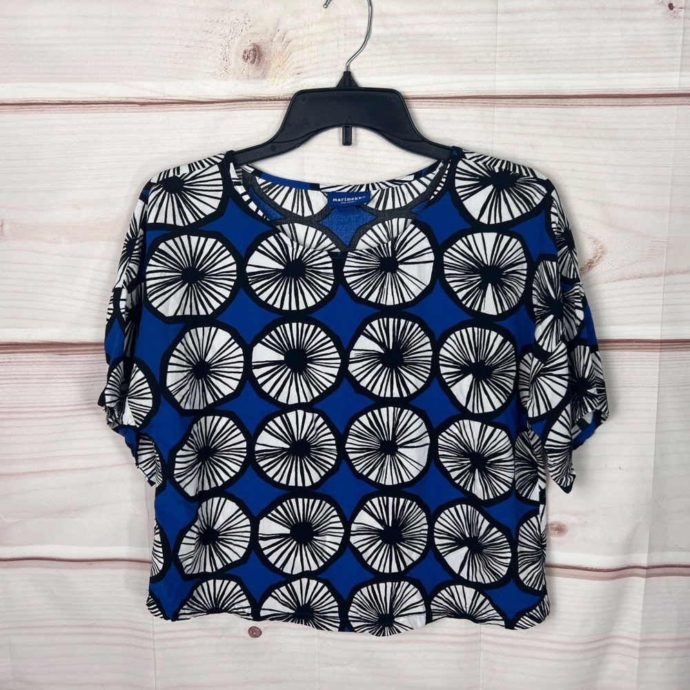 Marimekko Target Top Womens XS Blue Geometric Blouse Circle Artsy‎ Crop Pullover